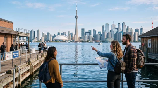 Vue panoramique sur le skyline de Toronto et la Tour CN depuis les îles de Toronto, avec des voyageurs sur le quai de l'embarcadère.